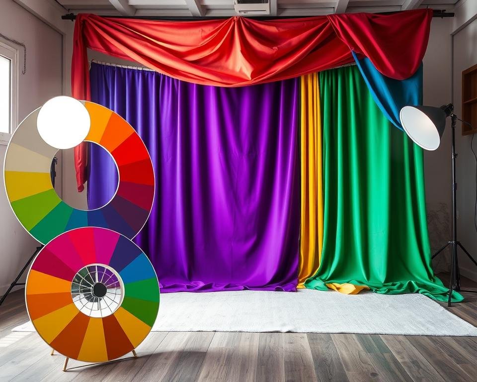 A vibrant and educational composition showcasing the concept of "Color Theory for Backdrops". In the foreground, display a color wheel with a spectrum of rich, vivid colors, illustrating primary and secondary hues, alongside complementary color pairs. The middle ground should feature examples of backdrops draped in soft fabrics, such as velvet and cotton, showcasing how different color combinations can evoke various moods—warm reds and yellows for energy, cool blues and greens for tranquility. In the background, incorporate a soft-focus studio setting with gentle, diffused lighting illuminating the backdrops, creating an inviting and inspiring atmosphere. Capture the scene from a slightly elevated angle, emphasizing the texture of the fabrics and the harmonious interplay of colors, ideal for a photography-focused context.