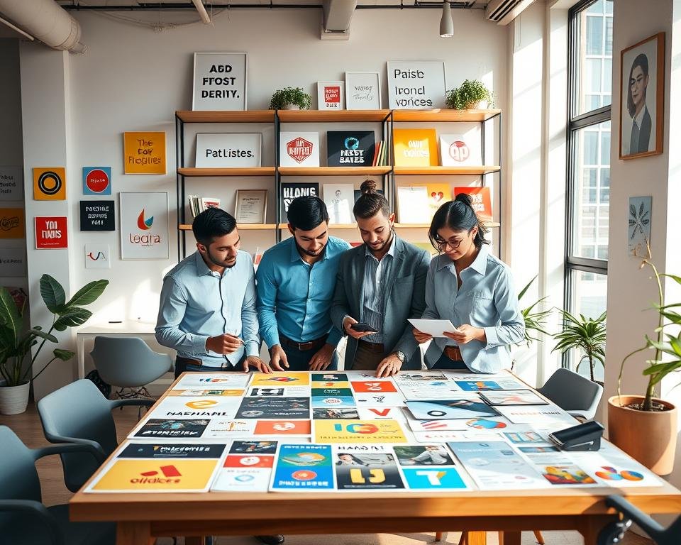 A vibrant and engaging branding photography scene showcasing a modern office environment. In the foreground, a diverse group of three professionals—two men and one woman—are collaborating around a large table covered with colorful branding materials, including logo sketches, mood boards, and product samples. The individuals are dressed in smart casual attire, exuding a welcoming and creative atmosphere. In the middle ground, shelves adorned with various brand elements and inspirational quotes create a dynamic backdrop. Soft, natural lighting floods the space through large windows, casting gentle shadows that enhance the warm and inviting mood. The overall composition captures the essence of successful branding, emphasizing creativity, teamwork, and professional growth in a visually appealing manner.