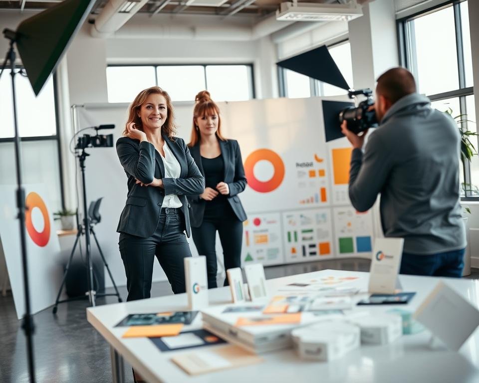 A vibrant branding photography session in a modern office space. In the foreground, a confident businesswoman in smart casual attire interacts with a professional photographer, adjusting her pose in front of a stylish backdrop featuring the company's logo. The middle ground showcases an array of creative props, such as brand materials and mood boards, arranged artfully on a sleek table. In the background, bright natural light streams through large windows, enhancing the energetic atmosphere. Use a shallow depth of field to focus on the woman and photographer while softly blurring the props and illustrations behind them. Capture a warm, inspiring mood that reflects creativity and professionalism, using soft, diffused lighting for an inviting ambience.