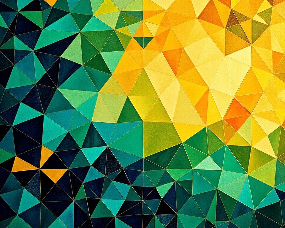 A vibrant composition of intricate geometric patterns fills the canvas, showcasing an array of shapes such as triangles, circles, and hexagons in a harmonious arrangement. In the foreground, bold overlapping patterns create a sense of depth, featuring a palette of rich blues, greens, and golds that evoke a feeling of creativity and exploration. The middle layer displays softer, translucent shapes that gently blend, adding a touch of elegance. In the background, a gradient of warm and cool tones provides a subtle contrast, enhancing the overall visual impact. The lighting is soft and diffused, casting gentle shadows that accentuate the textures of the shapes. The atmosphere is inspiring and stimulating, perfect for a creative environment dedicated to the mastery of geometric composition.