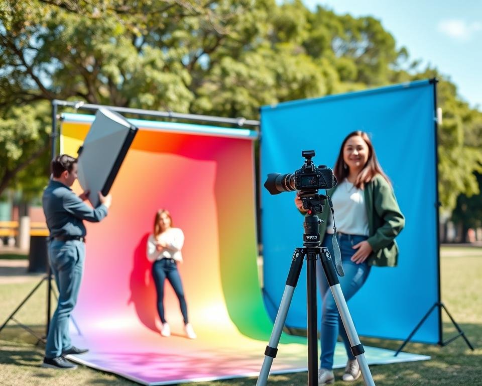 A vibrant mobile photo studio set up in an outdoor scene, showcasing a sleek, collapsible backdrop with a colorful gradient. In the foreground, a professional photographer in smart casual attire adjusts a camera on a lightweight tripod, capturing images of a model posing with a cheerful expression. The model is wearing stylish clothing that reflects current trends, adding to the scene's dynamic atmosphere. Soft, natural lighting illuminates the setup, casting gentle shadows. The background features a park with lush green trees and a clear blue sky, enhancing the mood of creativity and spontaneity. The composition should emphasize the mobile studio's versatility and the excitement of capturing stunning photos in beautiful locations.