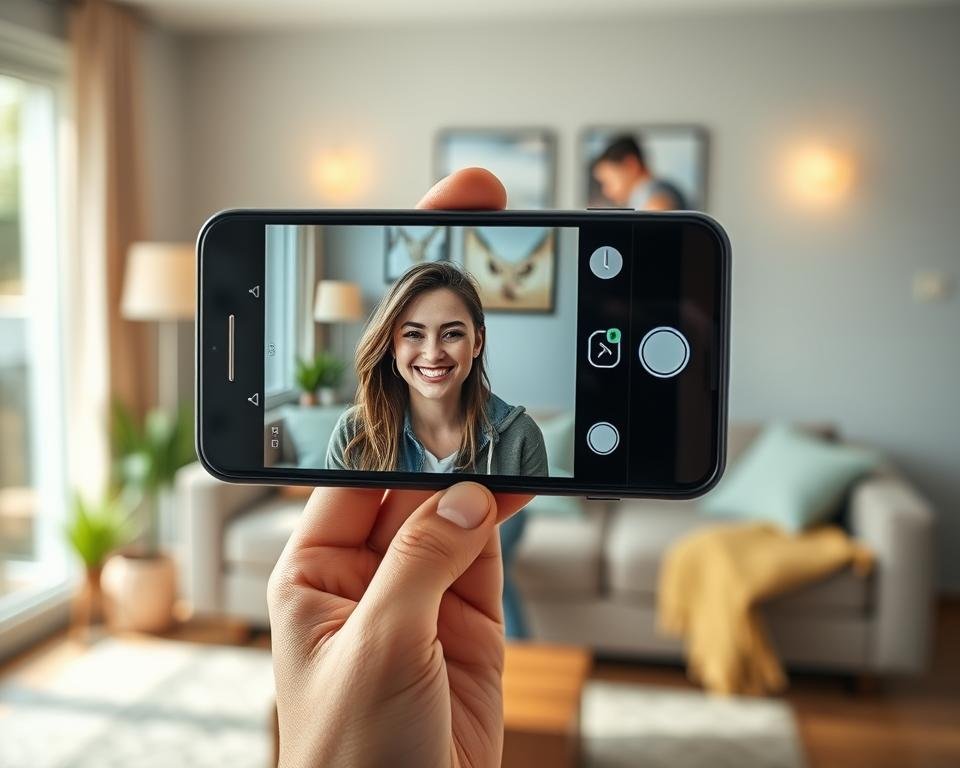 A vibrant scene showcasing a close-up of a smartphone in a person's hand, capturing a portrait of a friend in a well-lit indoor environment. The foreground features the smartphone screen displaying a flash setting tip, while the middle ground reveals the friend, smiling and posed, dressed in casual attire. Behind them, softly blurred elements of the room, including a cozy sofa and decorative plants, enhance the intimate atmosphere. Bright, diffused lighting emphasizes the subject's features, avoiding harsh shadows. Use a slight golden hour glow to create a warm, inviting mood. Capture the image at a slight angle to highlight both the device and the subject, effectively illustrating "Avoiding Common Flash Mistakes" in photography.