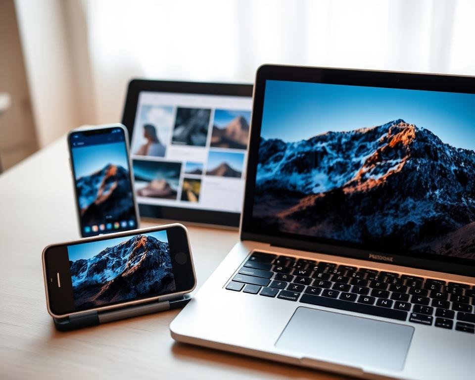 A visually engaging scene depicting responsive web images in action. In the foreground, a sleek laptop displays a beautifully resized image adapting to various screen sizes, with vibrant colors and clear resolution. To the left, a modern smartphone shows a perfectly fitted version of the same image, showcasing seamless transitions. In the middle, a tablet further illustrates the resizing process with dynamic graphics that highlight different dimensions. The background features a soft, blurred workspace with subtle lighting, creating a professional atmosphere. The mood is efficient and innovative, reflecting the importance of optimizing images for diverse devices, captured from a high-angle perspective to emphasize the technology at work.