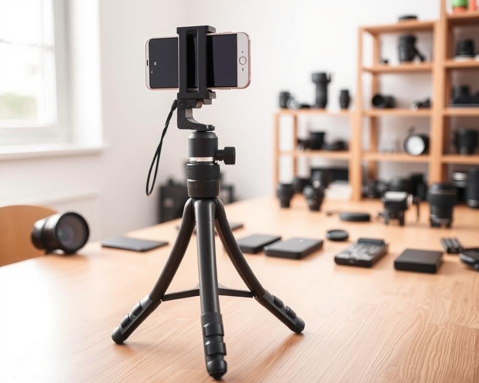 A visually engaging smartphone tripod buying guide, set in a clean, well-lit workspace. In the foreground, a sleek smartphone tripod stands prominently on a wooden table, showcasing its adjustable features and stability. Surrounding the tripod are a few stylish smartphones, positioned at various angles to illustrate versatility. In the middle ground, soft natural light filters through a nearby window, creating a warm, inviting atmosphere. The background features a neatly arranged collection of photography accessories like lenses and remote controls, emphasizing a photography enthusiast's environment. The overall mood is professional yet approachable, catering to both novice and experienced users seeking to capture stunning photos with their smartphones.