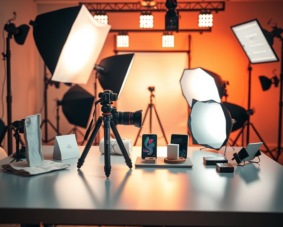 A visually engaging workspace showcasing various product lighting techniques. In the foreground, a sleek table displays multiple light modifiers, including softboxes, reflectors, and diffusers, all designed for enhancing product visuals. The middle section features a high-end camera on a tripod, with a lens focused on a beautifully arranged product, highlighting the effect of the light modifiers on its surface and colors. The background should consist of a well-organized studio setup with adjustable LED lights casting soft, controlled shadows, creating a professional atmosphere. Warm lighting tones create an inviting ambiance, emphasizing the importance of light modifiers in achieving captivating product visuals. The overall mood is creative and inspiring, perfect for a photography and marketing context. A visually engaging workspace showcasing various product lighting techniques. In the foreground, a sleek table displays multiple light modifiers, including softboxes, reflectors, and diffusers, all designed for enhancing product visuals. The middle section features a high-end camera on a tripod, with a lens focused on a beautifully arranged product, highlighting the effect of the light modifiers on its surface and colors. The background should consist of a well-organized studio setup with adjustable LED lights casting soft, controlled shadows, creating a professional atmosphere. Warm lighting tones create an inviting ambiance, emphasizing the importance of light modifiers in achieving captivating product visuals. The overall mood is creative and inspiring, perfect for a photography and marketing context.