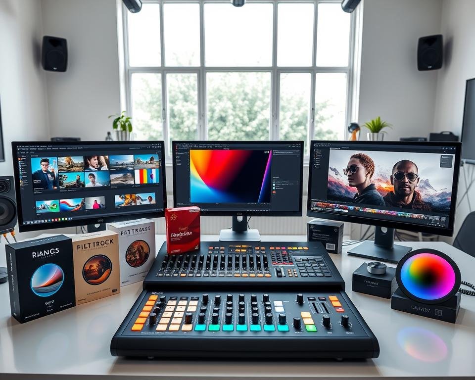 A visually striking comparison of various color grading products displayed on a sleek, modern workspace. In the foreground, professionally arranged color grading software interfaces on computer screens, alongside boxes of popular color grading plugins, film look tools, and a color wheel. In the middle, a stylish color grading control panel with knobs and sliders, highlighting its ergonomic design, illuminated by soft LED lights. The background features a clean, well-organized studio environment with a large window to let in natural light, creating an inviting atmosphere. The scene conveys a sense of professionalism and creativity, emphasizing the tools filmmakers need to enhance their projects. The overall mood is focused and inspiring, ideal for a filmmaker's workspace. A visually striking comparison of various color grading products displayed on a sleek, modern workspace. In the foreground, professionally arranged color grading software interfaces on computer screens, alongside boxes of popular color grading plugins, film look tools, and a color wheel. In the middle, a stylish color grading control panel with knobs and sliders, highlighting its ergonomic design, illuminated by soft LED lights. The background features a clean, well-organized studio environment with a large window to let in natural light, creating an inviting atmosphere. The scene conveys a sense of professionalism and creativity, emphasizing the tools filmmakers need to enhance their projects. The overall mood is focused and inspiring, ideal for a filmmaker's workspace.