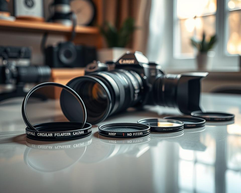 A visually striking product photo featuring an array of photography filters arranged artistically on a sleek, reflective surface. In the foreground, focus on various filters—circular polarizers, ND filters, and color correction filters—each labeled subtly yet distinctively. The middle ground includes a stylish camera with a professional lens, positioned at an angle that highlights its features, as if ready for a photoshoot. In the background, a softly blurred workspace with natural light streaming through a window, casting gentle shadows. This creates a warm and inviting atmosphere, emphasizing the importance of lighting in product photography. The overall mood is professional and creative, inspiring viewers to elevate their photography skills.