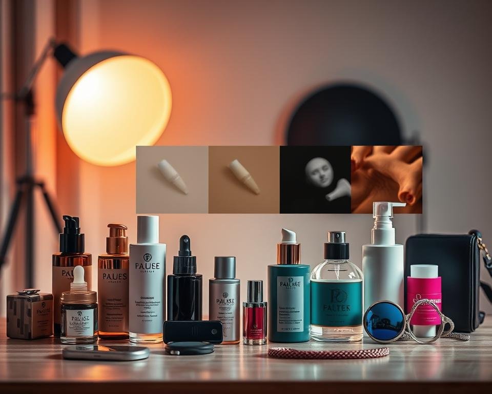 A visually striking product photo showcasing a variety of popular photo filters used for enhancing product images. In the foreground, elegantly arranged products like skincare bottles, tech gadgets, and fashion accessories are illuminated by soft, diffused lighting that highlights their textures and colors. The middle layer features various overlays and filter effects, such as vintage, sepia, and vibrant color enhancements, subtly applied to different products to demonstrate their visual impact. The background consists of a blurred studio environment with neutral colors that reinforce focus on the products. The mood is creative and professional, appealing to photographers and marketers alike, with a clean, modern aesthetic captured from a slightly elevated angle using a high-quality lens to ensure clarity and detail.