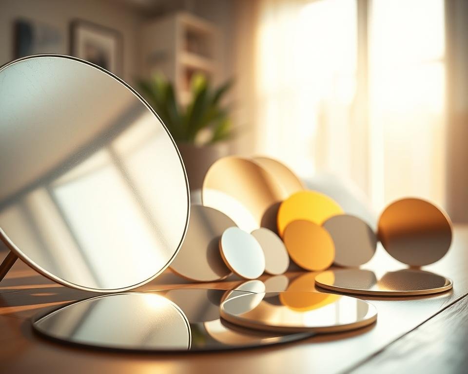 A well-crafted reflective surface design showcasing a range of DIY reflectors in an artistic arrangement. In the foreground, a large, circular reflector made of polished silver material catches the light, highlighting its glossy texture. In the middle, various smaller reflectors—some made of gold and others with soft, diffused surfaces—are strategically positioned, creating a gradient of reflections. The background features a soft, blurred indoor setting with natural light streaming through a window, casting gentle shadows. The scene is illuminated in warm tones, evoking a cozy and inviting atmosphere, perfect for photography enthusiasts. Use a wide-angle lens to capture the depth and dimensionality of the reflectors, ensuring clean, crisp details without any text or distractions.