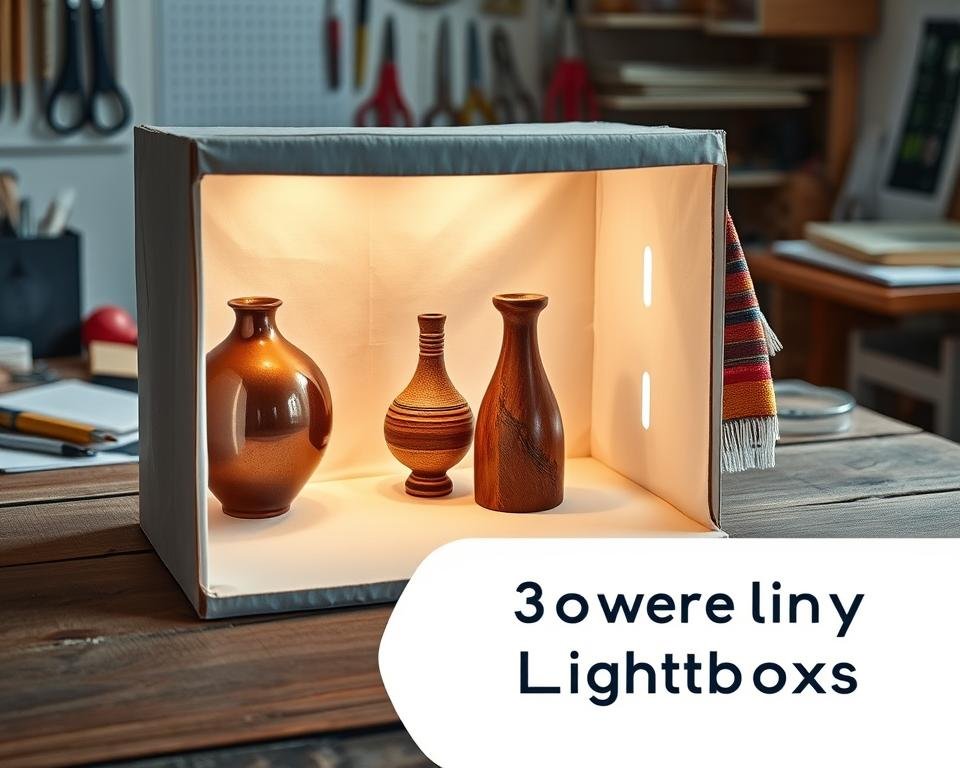 A well-lit homemade lightbox set on a rustic wooden table, showcasing three diverse objects: a shiny ceramic vase, a textured wooden sculpture, and a colorful fabric swatch. The foreground features the warm, diffused lighting illuminating the items inside the lightbox, highlighting their textures and colors. In the middle ground, the lightbox itself is constructed from white fabric and cardboard, with a soft glow emanating from LED strips placed strategically inside. The background includes a gentle bokeh effect of a craft room, with scattered materials like scissors, measuring tape, and sketchbooks, creating a creative and focused atmosphere. Emphasize clarity and simplicity in the composition while ensuring everything appears organized and tidy, reflecting the theme of avoiding common mistakes in DIY lightbox projects.