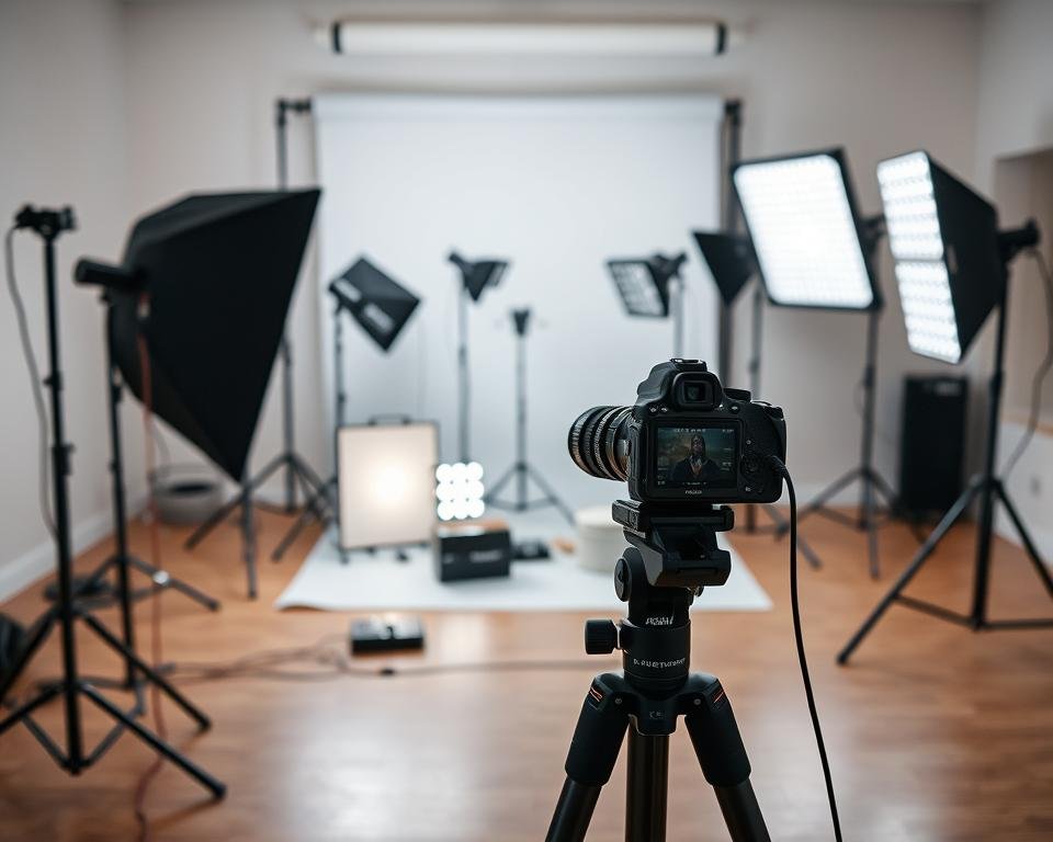 A well-organized product photography setup showcasing effective lighting techniques for capturing stunning visuals. In the foreground, a sleek, modern camera set on a tripod captures a glossy product, illuminated by soft diffused light from a softbox on the side. In the middle ground, various lighting equipment, including reflectors and LED panels, is arranged purposefully to emphasize shadows and highlights, demonstrating different angles of illumination. The background is softly blurred, showcasing a minimalistic studio space with neutral tones to keep focus on the lighting setup. The overall atmosphere conveys professionalism and creativity, with a warm and inviting feel, emphasizing the importance of lighting in product photography. A well-organized product photography setup showcasing effective lighting techniques for capturing stunning visuals. In the foreground, a sleek, modern camera set on a tripod captures a glossy product, illuminated by soft diffused light from a softbox on the side. In the middle ground, various lighting equipment, including reflectors and LED panels, is arranged purposefully to emphasize shadows and highlights, demonstrating different angles of illumination. The background is softly blurred, showcasing a minimalistic studio space with neutral tones to keep focus on the lighting setup. The overall atmosphere conveys professionalism and creativity, with a warm and inviting feel, emphasizing the importance of lighting in product photography.