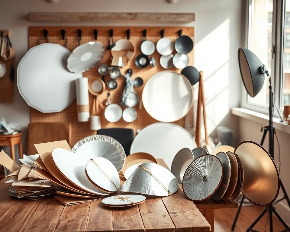 A well-organized workspace featuring DIY reflector storage solutions, highlighting a variety of handmade reflectors in differing sizes and materials. In the foreground, a sturdy wooden table displays an assortment of reflectors, including cardboard and aluminum foil varieties, neatly arranged with some opened for visual detail. The middle ground showcases a pegboard wall with hooks holding rolled-up reflectors and clips, emphasizing an efficient storage system. The background features soft, natural lighting filtering through a large window, casting gentle shadows. The atmosphere is calm and creative, inviting viewers to explore the process of maintaining and caring for their reflectors. A warm color palette enhances the inviting feel, ideal for a photographic environment, while the scene focuses solely on practical tools with no human presence.