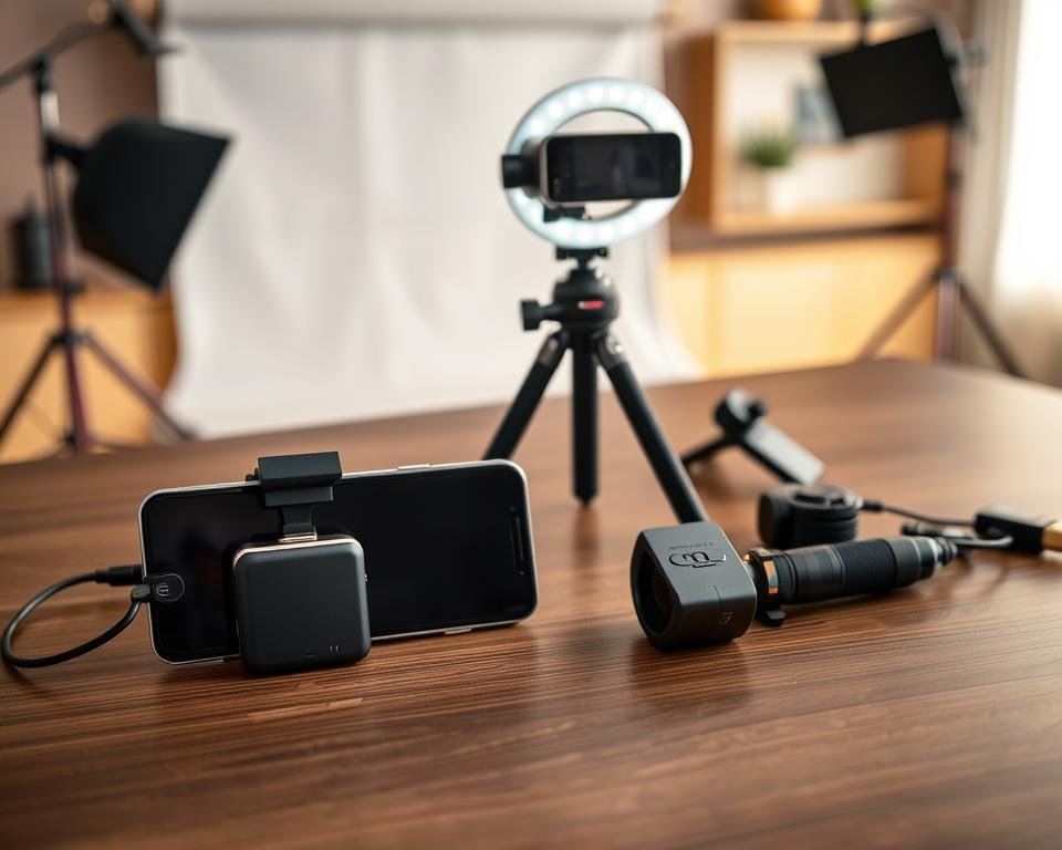An arrangement of various smartphone external flash accessories displayed on a sleek, modern wooden table. In the foreground, a compact external flash unit designed for smartphones, showcasing its adjustable brightness settings and portability, lies next to a smartphone mounted on a tripod. The middle layer features a portable ring light with a soft, even glow, emphasizing its versatility for photography. In the background, a partially blurred photography backdrop adds depth while soft lighting creates a warm atmosphere. The image should highlight the innovative design of the accessories, demonstrating how they enhance smartphone photography. The overall mood is professional and inviting, suitable for photographers looking to elevate their smartphone photography game.