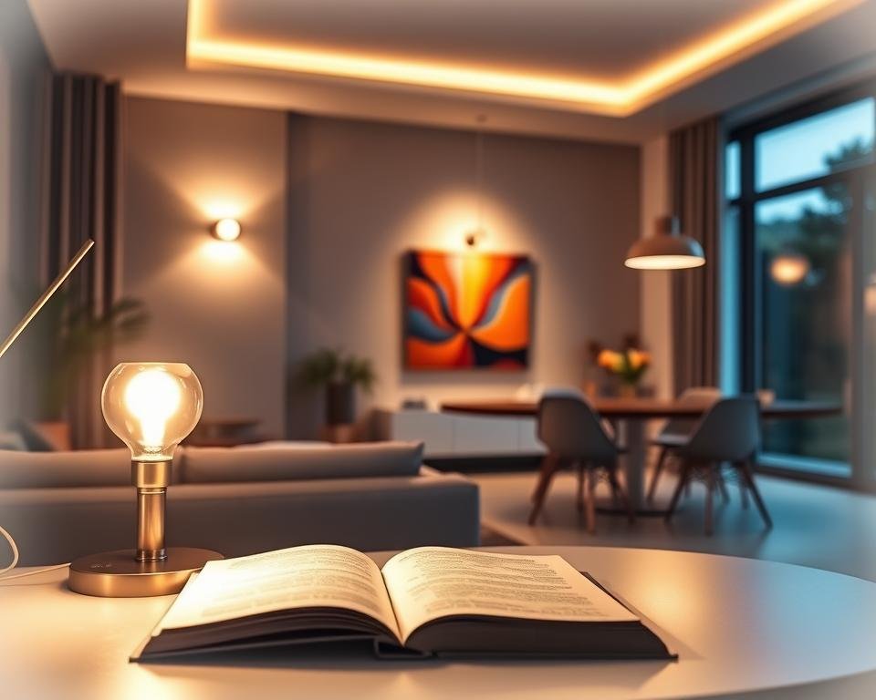 An elegant home interior showcasing various LED lighting options in a living space. In the foreground, a stylish table lamp with a warm LED bulb illuminating an open book. In the middle, a wall-mounted LED fixture casts a soft glow over a vibrant piece of art, while another corner features a pendant LED light hanging above a dining table with modern chairs. The background reveals large windows allowing natural light to blend seamlessly with the artificial lighting, enhancing the cozy atmosphere. The overall mood is inviting and modern, emphasizing the versatility of LED lighting in different designs and spaces. The image is captured with a slight vignette effect, giving it a polished, professional look through a warm color palette.
