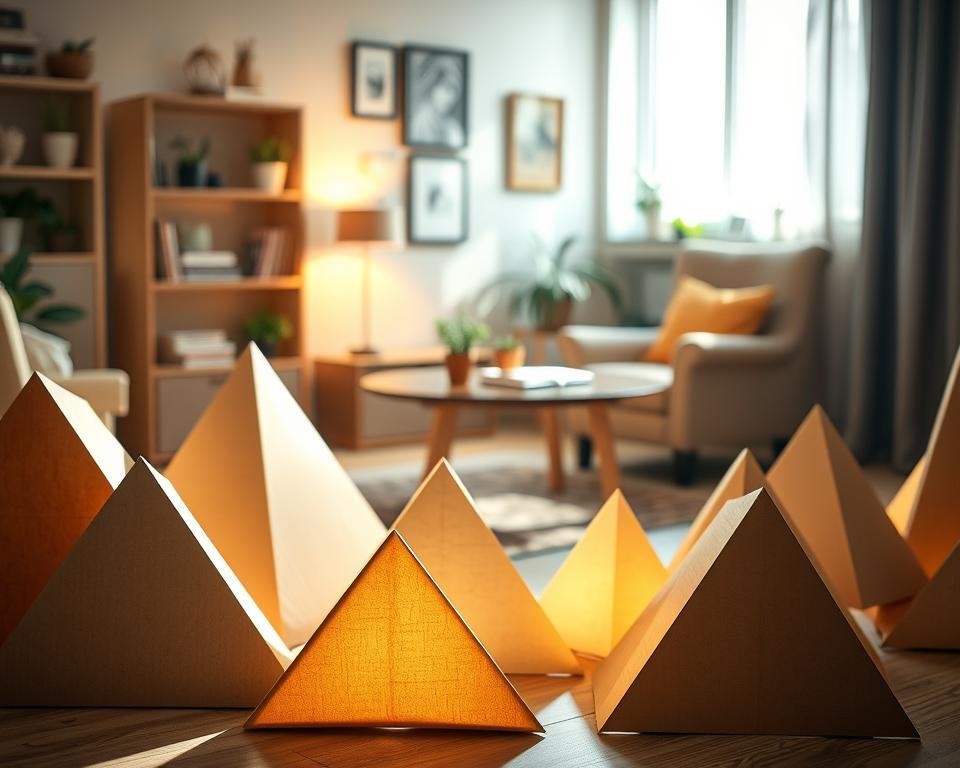 Cardboard reflectors arranged creatively in a well-lit home environment, showcasing their usability as an affordable lighting solution. In the foreground, prominently display multiple triangular and rectangular cardboard reflectors, reflecting soft, warm light onto a cozy living space. The middle ground features a simple table set with a few plants and books, illuminated by the light bouncing off the reflectors. In the background, a well-decorated wall with artwork and a cozy armchair creates a comfortable homely atmosphere. Use natural light streaming through a window, enhancing the warm ambiance. The angle should be slightly elevated to capture both the reflectors and the inviting living space layout, with a subtle focus to highlight the textures of the cardboard while maintaining a bright, inspiring mood.