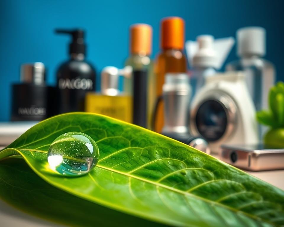 Close-up shot of a beautifully arranged assortment of everyday products, showcasing various macro photography styles. In the foreground, a glistening water droplet rests on a vibrant green leaf, refracting light in interesting patterns. In the middle ground, sleek designer bottles and polished gadgets are artistically spaced, highlighting textures and colors in rich detail. The background features a softly blurred gradient, transitioning from deep blue to gentle white, enhancing depth and focus on the products. Use soft, diffused natural lighting to create an inviting atmosphere, capturing intricate details through a macro lens with a shallow depth of field. The mood is creative and inspiring, inviting viewers to explore the beauty of macro photography styles. Close-up shot of a beautifully arranged assortment of everyday products, showcasing various macro photography styles. In the foreground, a glistening water droplet rests on a vibrant green leaf, refracting light in interesting patterns. In the middle ground, sleek designer bottles and polished gadgets are artistically spaced, highlighting textures and colors in rich detail. The background features a softly blurred gradient, transitioning from deep blue to gentle white, enhancing depth and focus on the products. Use soft, diffused natural lighting to create an inviting atmosphere, capturing intricate details through a macro lens with a shallow depth of field. The mood is creative and inspiring, inviting viewers to explore the beauty of macro photography styles.